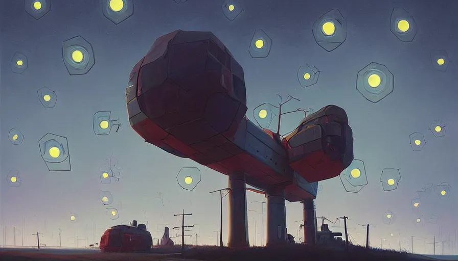 Image similar to mirror hexagons eyes in the sky, blocking the sun, simon stalenhag