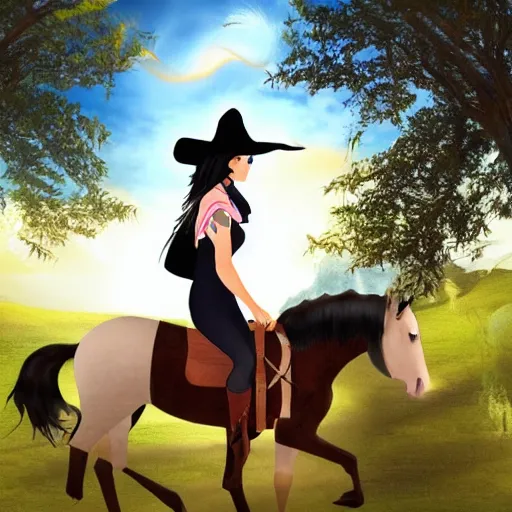 Prompt: The black-haired young witch travels on her horse to the land of dreams