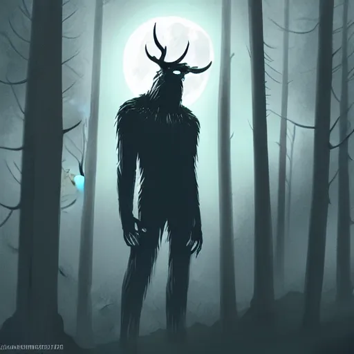 Prompt: in the style of artgerm, peter mohrbacker, rafael albuquerque, wendigo in the forest emerging from the shadows, fog, full moon, moody lighting