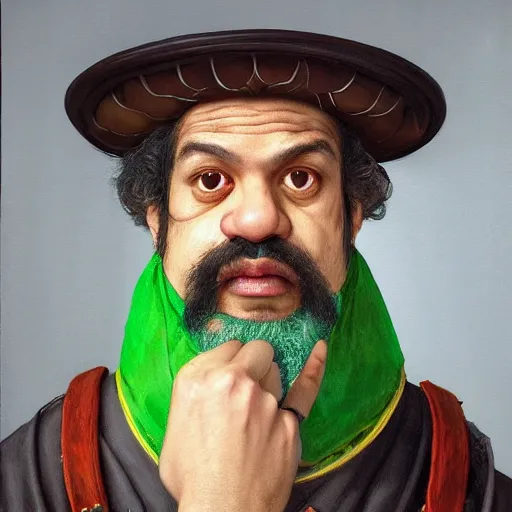 Prompt: hyper realistic, realistic - anime, portrait, beautifully rendered, ancient garb, luis guzman as luigi wearing green, smirking deviously, luigi, luigi's nose, painted by jan van eyck, albrecht durer, gustave courbet, greg rutkowski, wlop, artgerm, dishonored 2,