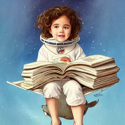 Prompt: a cute little girl with a mischievous face and short brown wavy curly hair sitting on top of a tall pile of books. she is dressed as an astronaut. well composed, clean elegant painting, beautiful detailed face. comic book art by artgerm and greg rutkowski and ( alphonse mucha )