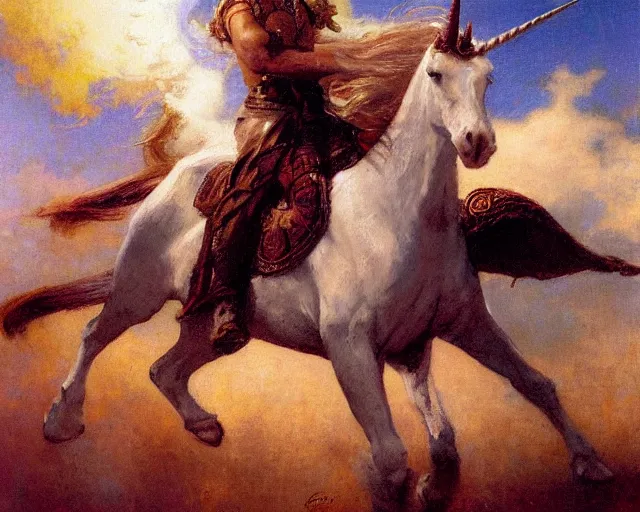 Image similar to rider on a unicorn through the dark, painting by gaston bussiere, craig mullins, j. c. leyendecker