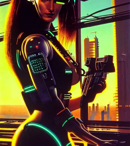 Image similar to cable plugged into cyberdeck, into head, very very beautiful cyberpunk woman, computer, 1 9 7 9 omni magazine cover, style by vincent di fate, cyberpunk 2 0 7 7, very coherent, detailed, 4 k resolution, unreal engine, daz