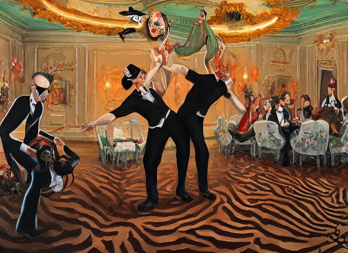 Image similar to a ballroom dance with 🦓🦒, 8 k lowbrow oil on canvas, in the style of greg simkins!