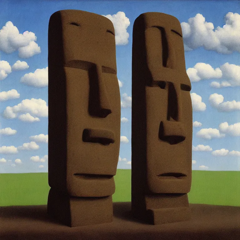 Prompt: portrait of a faceless moai - head man in a suit, clouds in the background, by rene magritte, detailed painting, distance, middle centered, hd, hq, high resolution, high detail, 4 k, 8 k