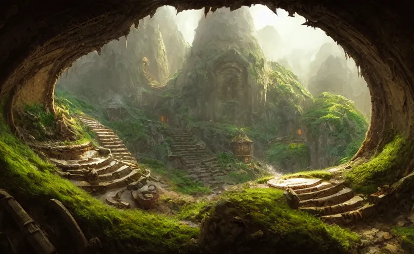 Image similar to worm's - eye view of cylindrical living quarters carved inside a mountain, above lush garden and hot spring, well maintained, clean, medieval, fantasy genre, natural light, fantasy, natural light, sharp focus, concept art, by greg rutkowski and craig mullins, cozy atmospheric and cinematic lighting, trending on artstation