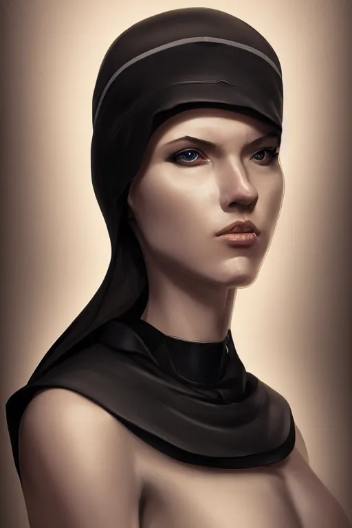Prompt: a portrait of an lonely cyber nun, elegant, focus, detailed, realistic eyes, horizontal partial symmetry features proportions, intricate facial details, cybertech, award winning, trending in cgsociety artstation deviant art
