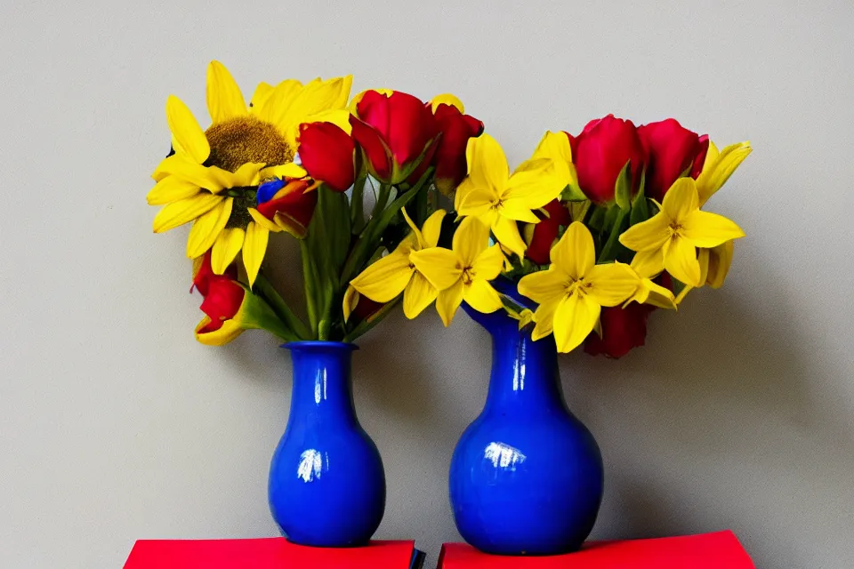 Image similar to red book and yellow vase with blue flowers, photo