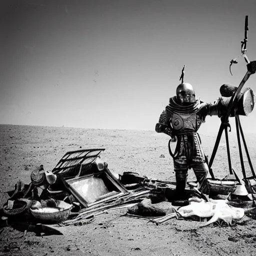 Image similar to wide angle photo of viking wearing space suit helmet and viking armor working on the antigravity gun ancient device, tools and junk on the ground,wires and lights, old village in the distance, vintage old photo, black and white, sepia