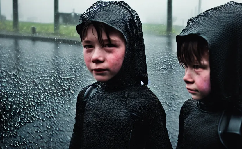 Image similar to cinestill 5 0 d candid photographic portrait by helen levitt of two child androids wearing rugged black mesh techwear in treacherous waters, extreme closeup, modern cyberpunk moody depressing cinematic, pouring rain, 8 k, hd, high resolution, 3 5 mm, f / 3 2, ultra realistic faces, ex machina