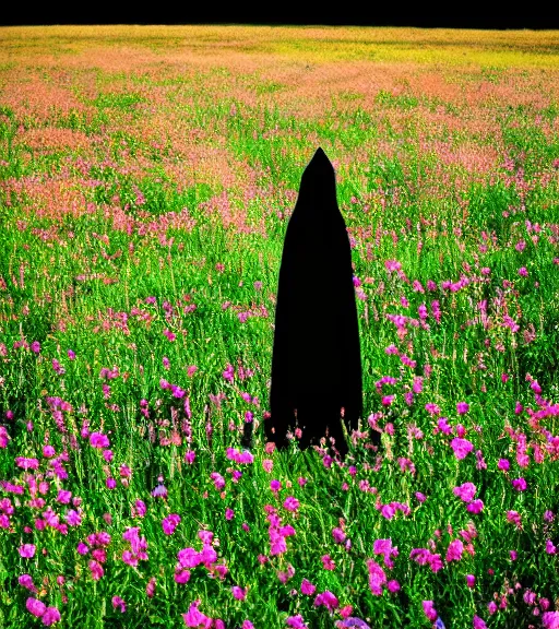 Image similar to tall hooded shadow person figure standing in distance at beautiful meadow of flowers, film photo, grainy, high detail, high resolution