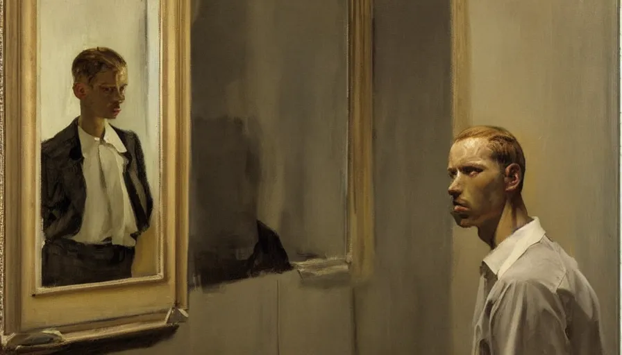 Image similar to painting by borremans, man in front of the mirror, detailed, stunning, dynamic lighting