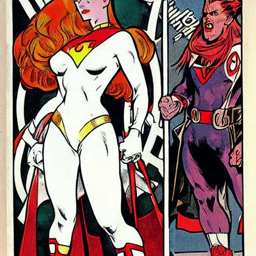 Image similar to a woman with red hair. she is a superhero, wearing a superhero costume. well composed, clean elegant painting, beautiful detailed face. retro comic book art by steve ditko and jack kirby and ( alphonse mucha )