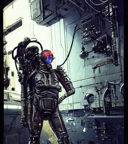 Image similar to realistic cyberpunk engineer with long limbs and a black spacesuit on a spacewalk, techwear, dead space, visible face, Industrial Scifi, detailed illustration, character portrait, by Ashley Wood and Moebius