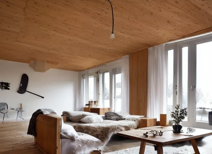 Prompt: a modern swiss living room interior, chalet style, sofa, cupboards, table, rustic wood, beige, white, retro futurism, minimalist, swedish design, ocher, bohemian, giant windows