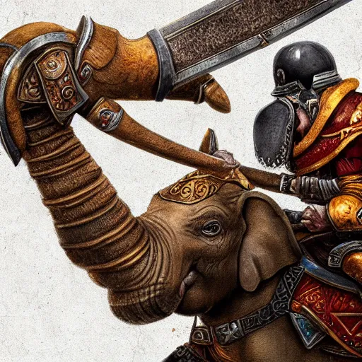 Image similar to a warrior with warhammers as weapons on a war elephant riding into battle. artstation , 4k detail, digital art