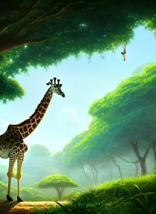 Image similar to a wholesome animation key shot of a giraffe, jungle in the background, studio ghibli, pixar and disney animation, sharp, rendered in unreal engine 5, anime key art by greg rutkowski, bloom, dramatic lighting