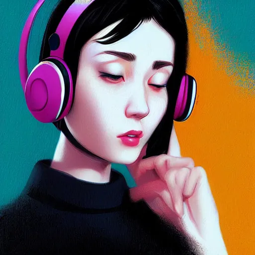 Prompt: a woman with headphones on, digital painting masterpiece, by ilya kuvshinov and rockin jelly bean