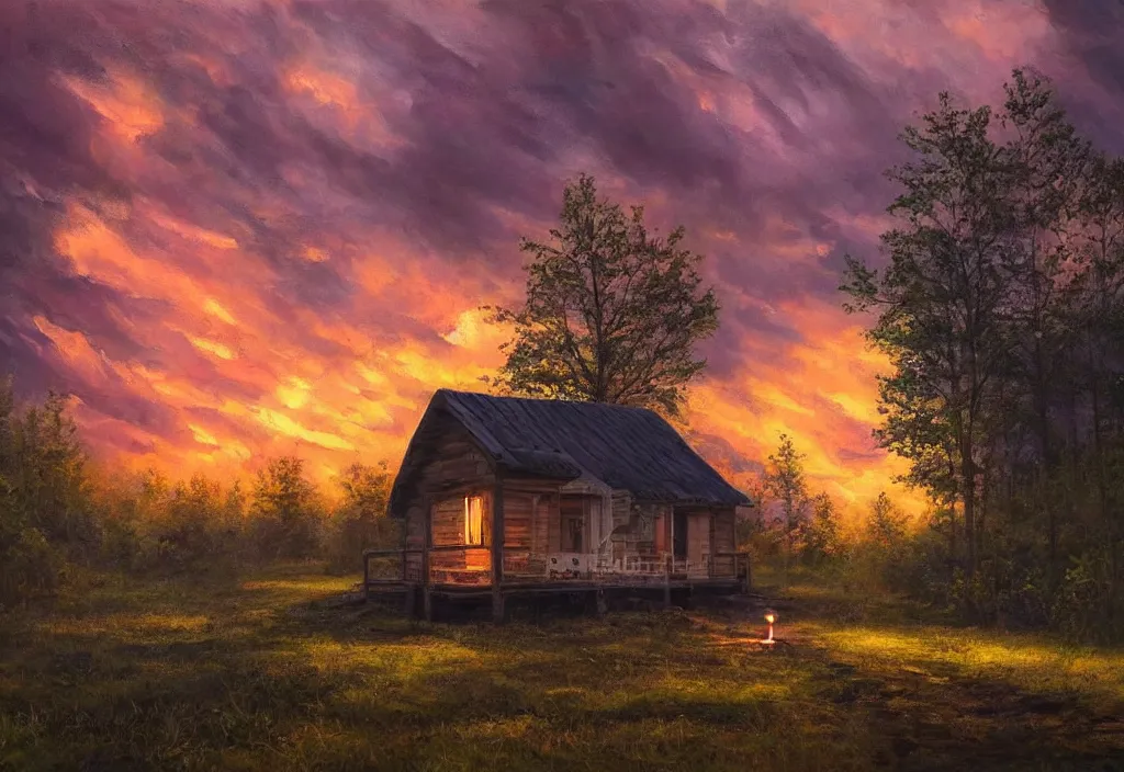 Prompt: small wooden house in the woods, there is lanterns around illuminating the environment, cinematic lightning, dramatic, clouds, sky, the time of day is sunset, highly detailed, oil painting,