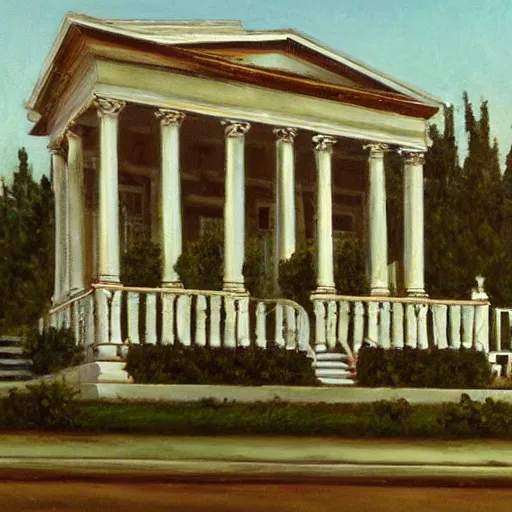 Image similar to oil painting of Greek Revival white mansion surrounded by a cast iron fence, dynamic lighting, award-winning