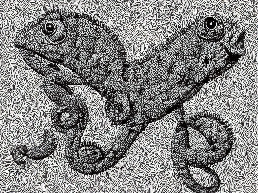 Image similar to chameleon, high detail, highly abstract, vivid colors, a little bit touch of M. C. Escher