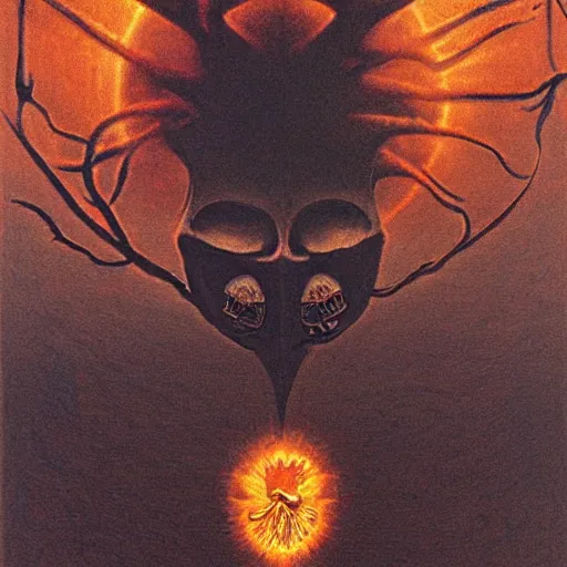 Image similar to symmetrical tarot card, the pikachu skull elder god, Zdzisław Beksiński art, figure silhouetted by burning sun, detailed, intricate, elegant, cgsociety, haunting, luxurious, ominous, matte painting, cinematic, Yoshitaka Amano, horizontally symmetrical, Wayne Barlowe