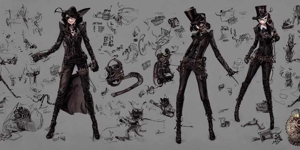 Image similar to steampunk catwoman, character sheet, concept design, contrast, kim jung gi, greg rutkowski, zabrocki, karlkka, jayison devadas, trending on artstation, 8 k, ultra wide angle, pincushion lens effect