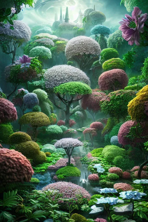 Image similar to ethereal garden, part by robert beatty, part by james jean, part by ross tran, part by jacek yerka, part by leslie zhang, surreal, highly detailed, beautiful detailed intricate insanely detailed octane render trending on artstation, 8 k artistic photography, photorealistic, volumetric cinematic light, chiaroscuro