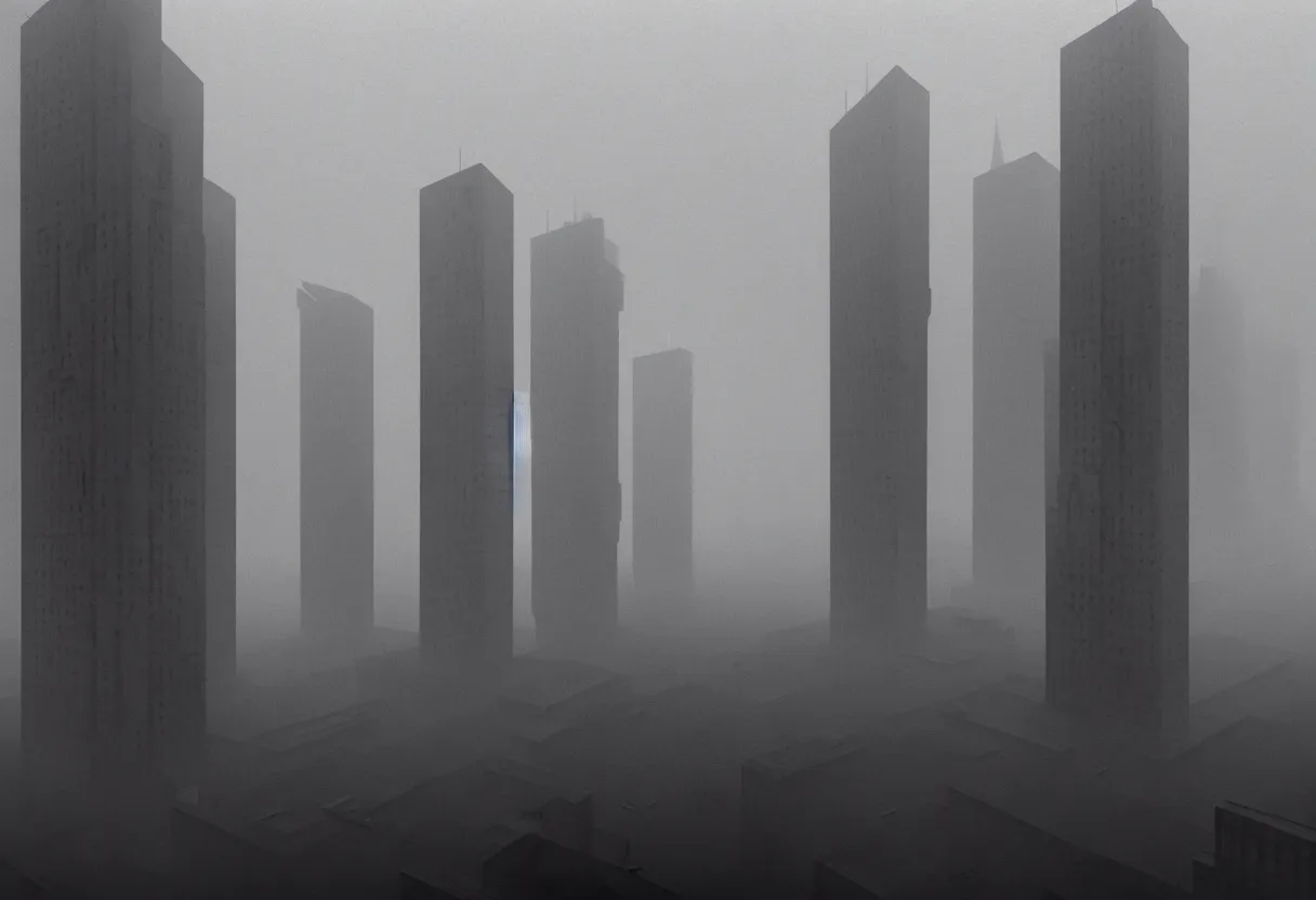 Prompt: old photograph, soviet brutalist city, brutalism, architecture 60s, skyscrapers, blocks, streets, greyscale, depressing,, elegant, highly detailed, digital painting, artstation, concept art, smooth, sharp focus, octane render, fog, hoplessness, dramatic lighting, art by artgem and zdzislaw beksinski