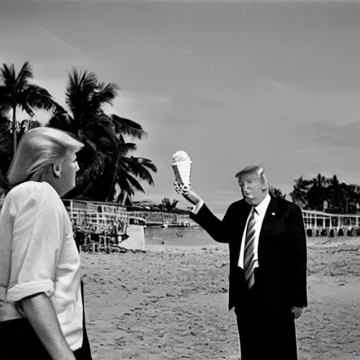 Prompt: Donald trump is having ice cream at the beach, 35mm by Steven Shore