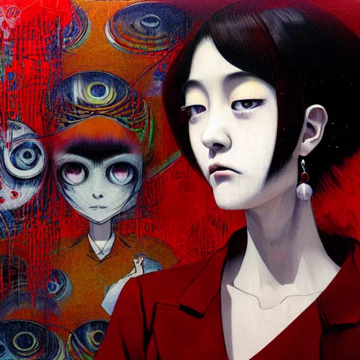 Image similar to yoshitaka amano blurred and dreamy realistic three quarter angle horror portrait of a sinister young woman with short hair, big earrings and red eyes wearing office suit with tie, junji ito abstract patterns in the background, satoshi kon anime, noisy film grain effect, highly detailed, renaissance oil painting, weird portrait angle, blurred lost edges