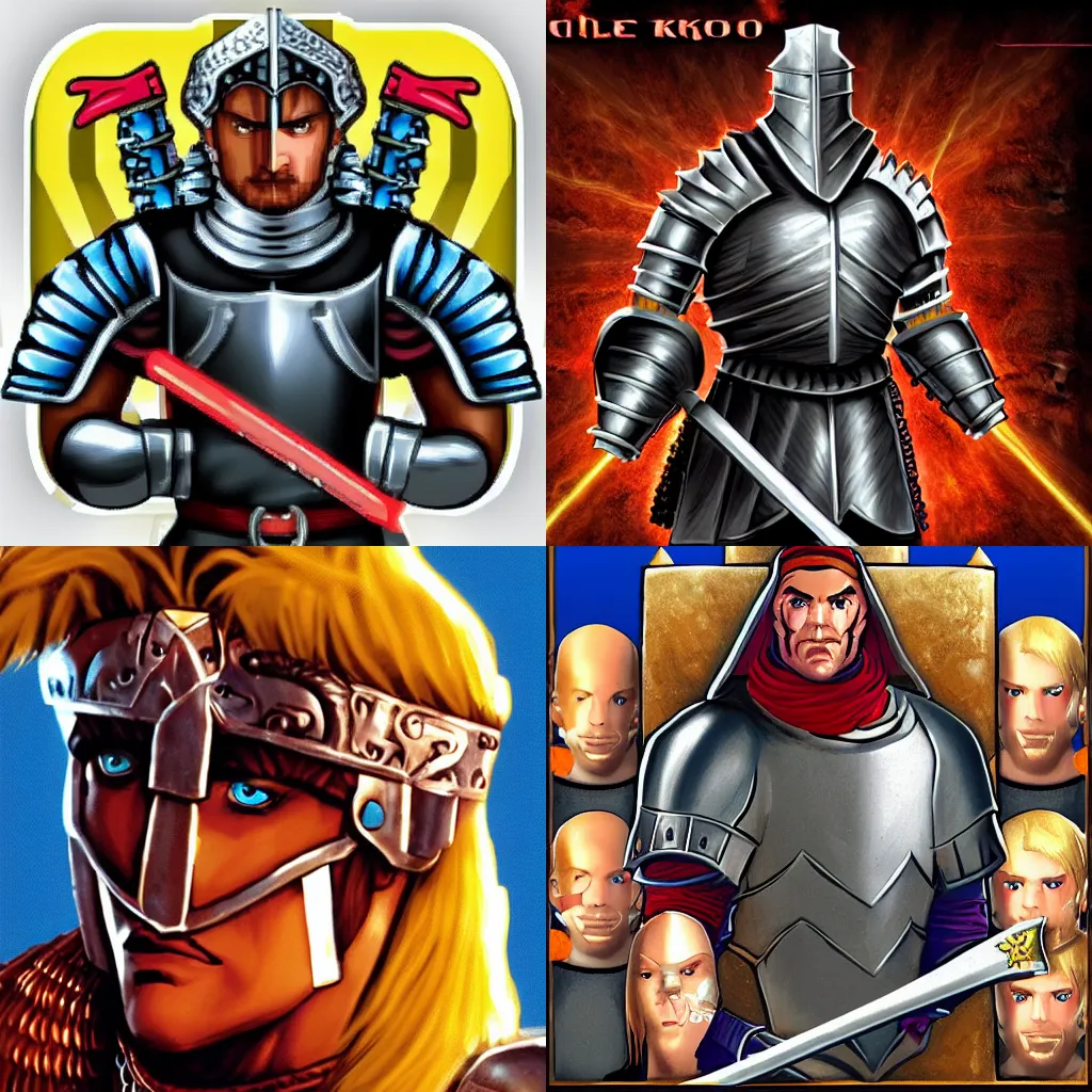 Prompt: portrait medieval knight in double dragon video game splash screen symmetric