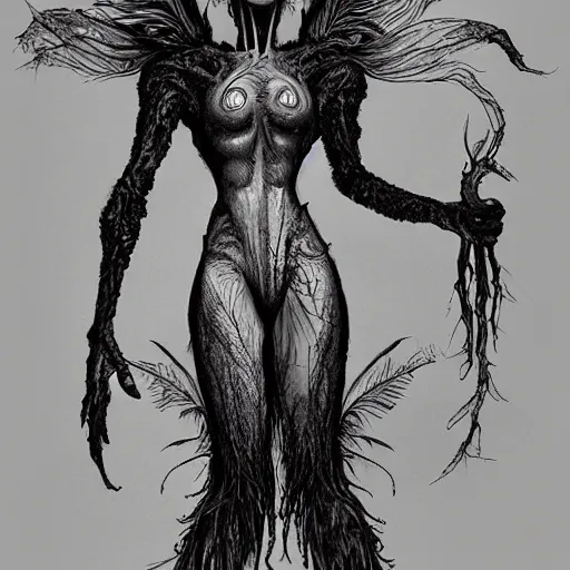 Prompt: detailed illustration of attractive humanoid alien species with beautiful human female face, female human torso, dark fae, black feathers instead of hair, feathers growing out of skin, wings growing out of arms, transformation, brian froud, tim burton, guillermo del toro