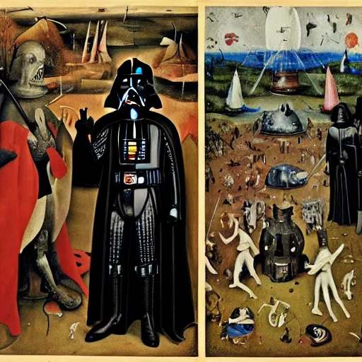 Image similar to highly detailed painting of darth vader in the garden of earthly delights by hieronymus bosch