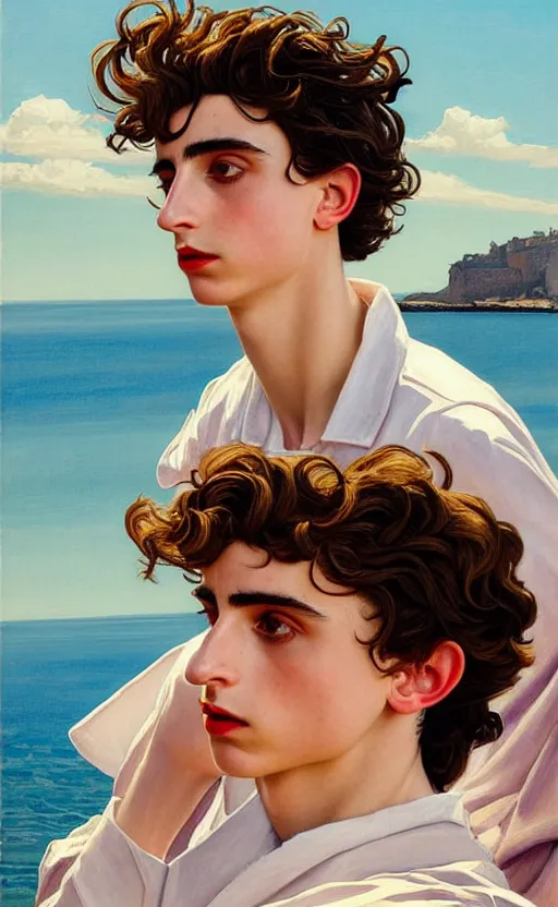 Image similar to Timothee Chalamet, the most beautiful androgynous man in the world, intense painting, sunny day at beach, +++ super supper supper dynamic pose,  digital art, art by j.c. leyendecker