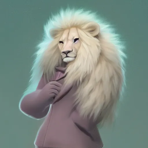 Image similar to aesthetic portrait commission of an albino male furry anthro lion wearing a cute mint colored, cozy, soft pastel winter outfit. winter atmosphere character design by mandy jurgens, irina french, heraldo ortega, rachel walpole, jeszika le vye, and dan volbert.