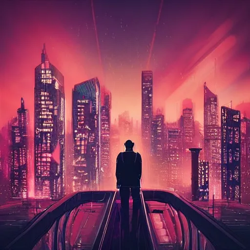 Image similar to “ a man standing on top of a bridge over a city, cyberpunk art by vincent lefevre, behance contest winner, altermodern, cityscape, synthwave, matte painting ”