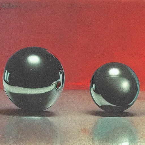 Prompt: chrome spheres on a red cube by caspar david friedrich