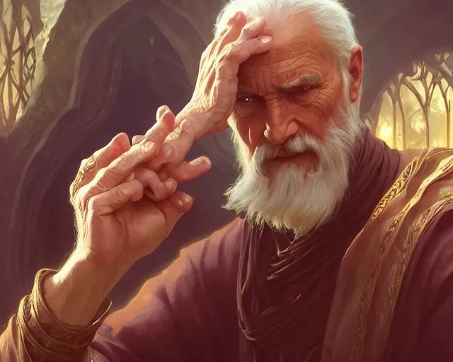 Image similar to old man clasping his hands as spell casting, deep focus, d & d, fantasy, intricate, elegant, highly detailed, digital painting, artstation, concept art, matte, sharp focus, illustration, hearthstone, art by artgerm and greg rutkowski and alphonse mucha