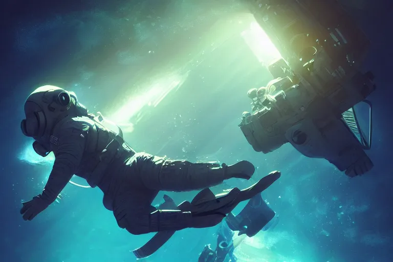 Image similar to astronaut underwater in the ocean at night, volumetric lighting, glowing lights, 4k, octane, digital painting, artstation, concept art, sharp focus, illustration, art by artgerm and greg rutkowski and alphonse mucha