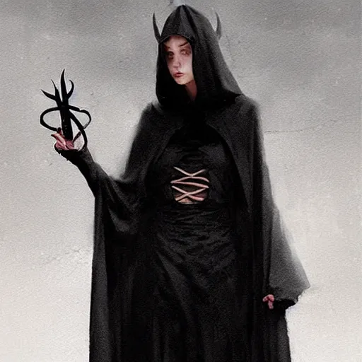 Prompt: “a beautiful girl wearing a black robe performing a satanic ritual by Greg Rutkowski, dark fantasy, realism, trending on Artstation”