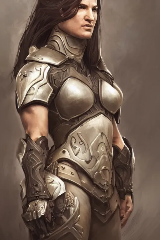 Image similar to a finely detailed portrait of Gina Carano, clothed in battle armor, olive skin, long dark hair, beautiful bone structure, symmetrical facial features, intricate, elegant, digital painting, trending on Artstation, concept art, smooth, sharp focus, illustration, from World of Warcraft, by Ruan Jia and Mandy Jurgens and Artgerm and william-adolphe bouguerea, award winning