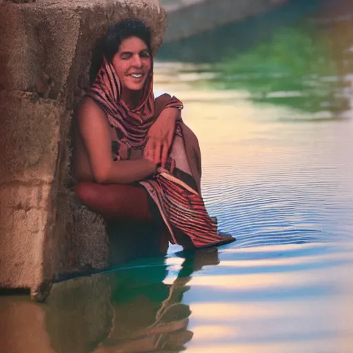 Image similar to egypt woman relaxing on river, coloured historic photo, sunset