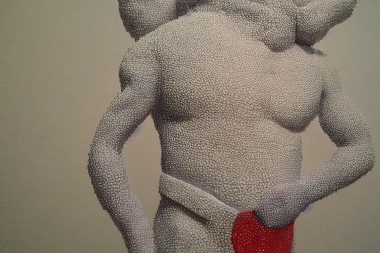 Prompt: a scene depicting a character wearing a diy suit made from foam, pointillism, super detailed, soft light