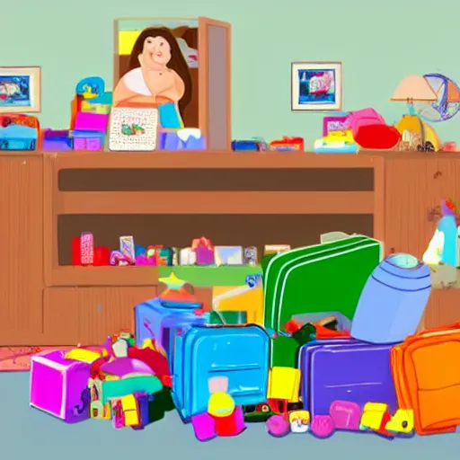 Image similar to a painted cartoonish scene, an open suitcase sits on a table, the open suitcase contains a vast pile of toys, the pile of toys rises all the way to the ceiling, the pile of toys blocks the background, a woman stands next to the table and suitcase, the woman holds more toys