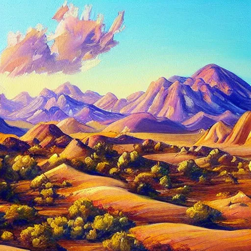 Prompt: this painting is simply stunning. it is a beautiful landscape painting of a desert scene, with mountains in the background and a bright sky. the detail is amazing. it is a truly beautiful painting.