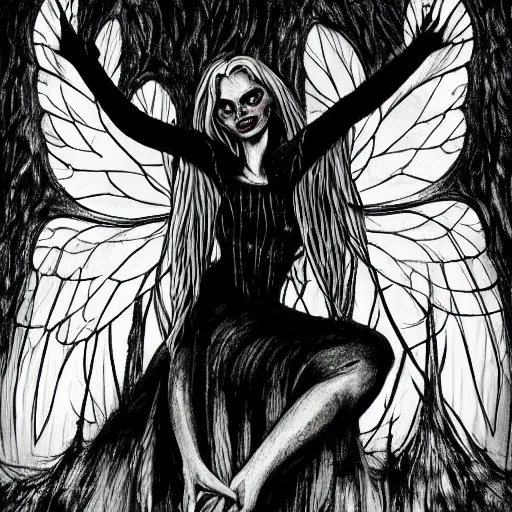 Prompt: a horrific, helpless, wicked, malificent, beautiful fairy with brightly shining wings and long white hair imprisoned in a very dark nearly lightless, sombre, horrific forest, wandering around