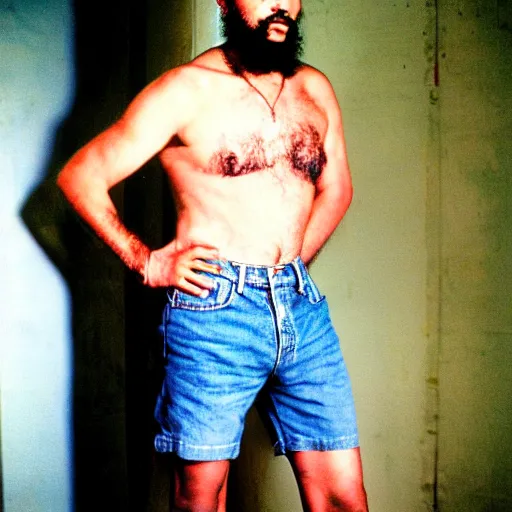 Image similar to fidel castro posing while wearing denim shorts, full body portrait, 3 5 mm film, by nan goldin