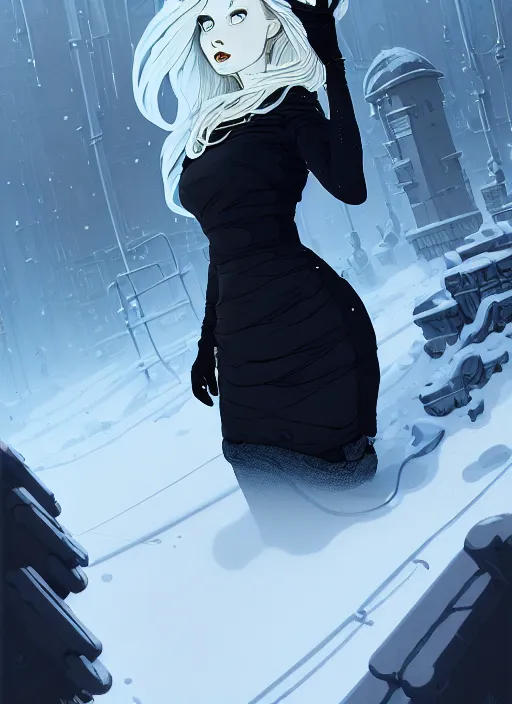 Prompt: highly detailed portrait of a hopeful frostpunk long blonde hair lady with curvy short black dress, stray wiring by atey ghailan, james gilleard, by joe fenton, by greg rutkowski, by greg tocchini, by kaethe butcher, 4 k resolution, gradient blue, black and white color scheme!!! ( ( ice and snow entrenched robotic dystopian city background ) )