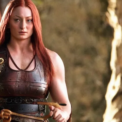 Prompt: still of muscular sophie turner in xena, six packs abs